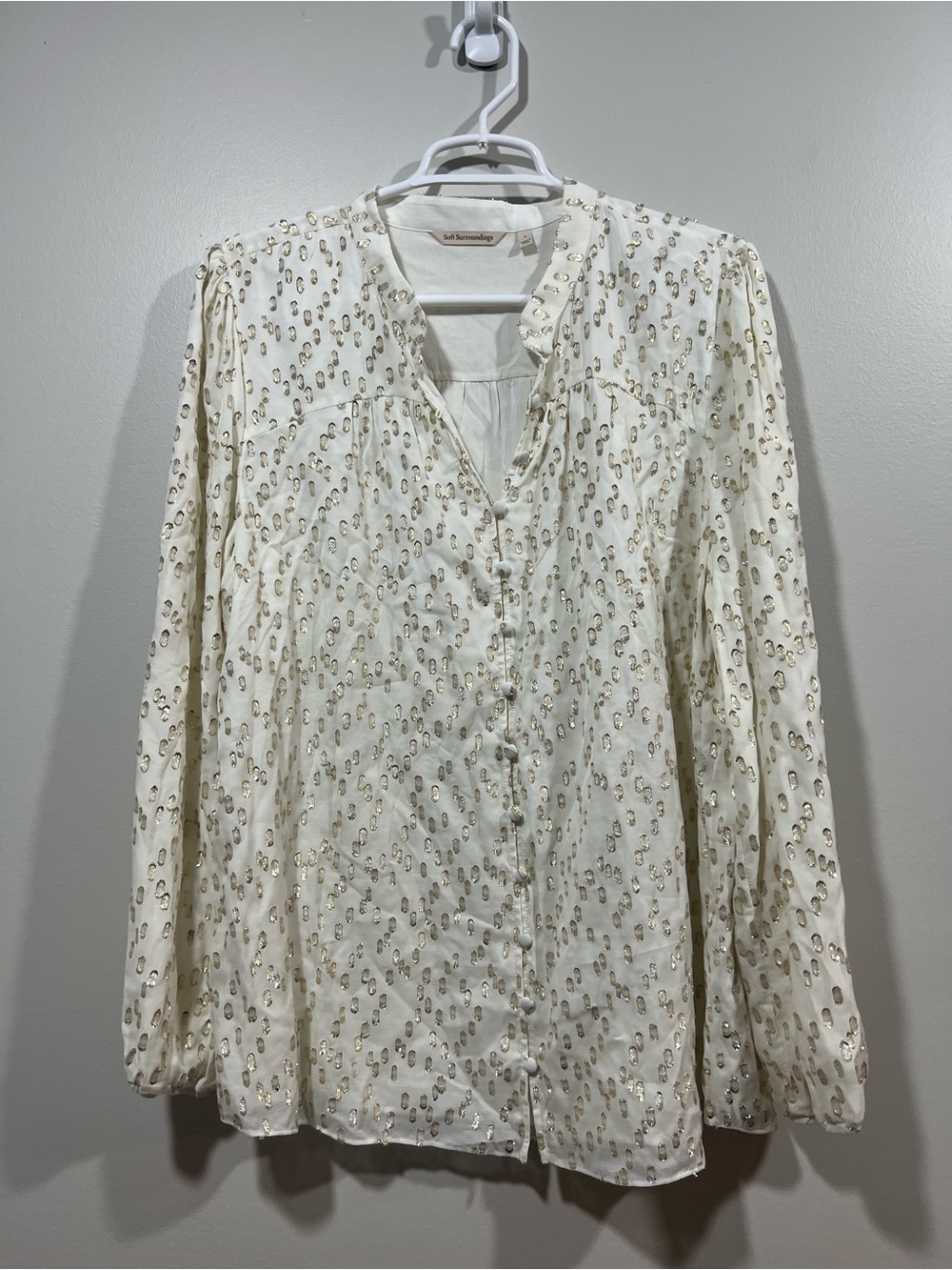 Soft Surroundings Cream Blouse with Gold Metallic Dot Detail Size Large